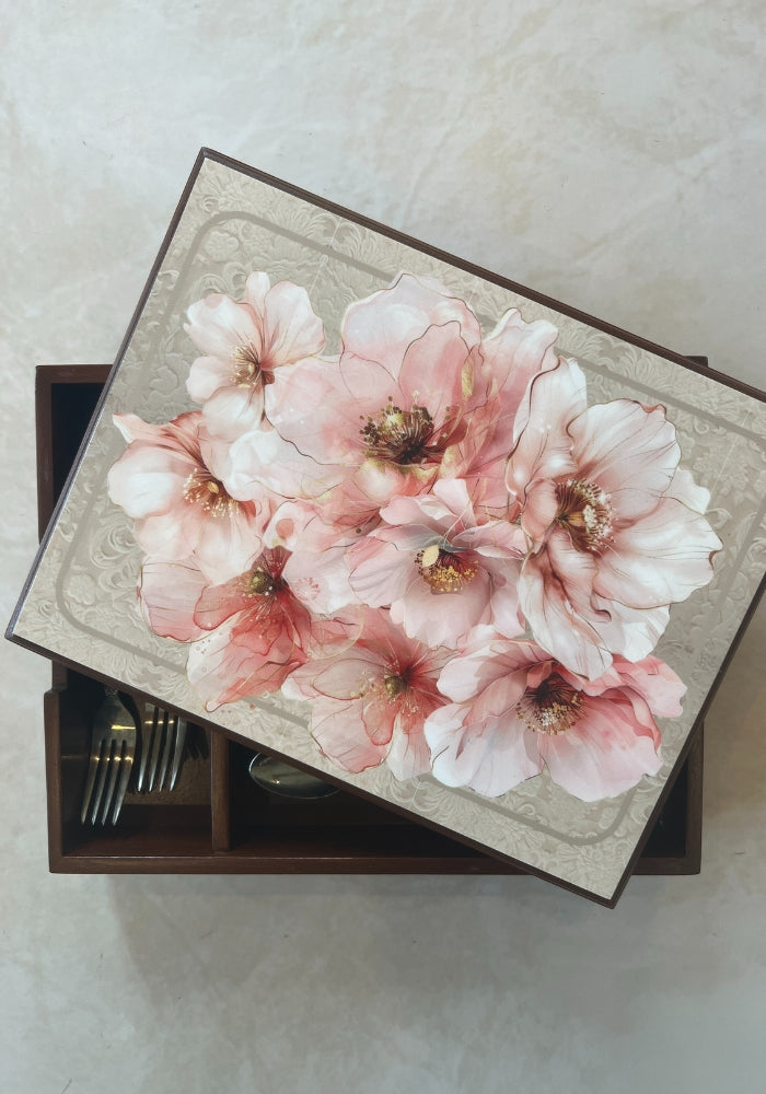 Engraved Cutlery Box - Floral Blush