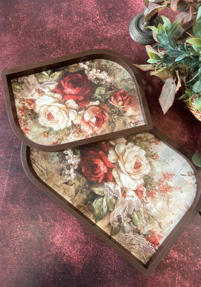 Asymmetrical Leaf inspired Wooden Tray - Set of two - Mystical Blooms