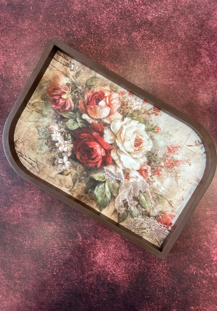 Asymmetrical Leaf inspired Wooden Tray - Set of two - Mystical Blooms