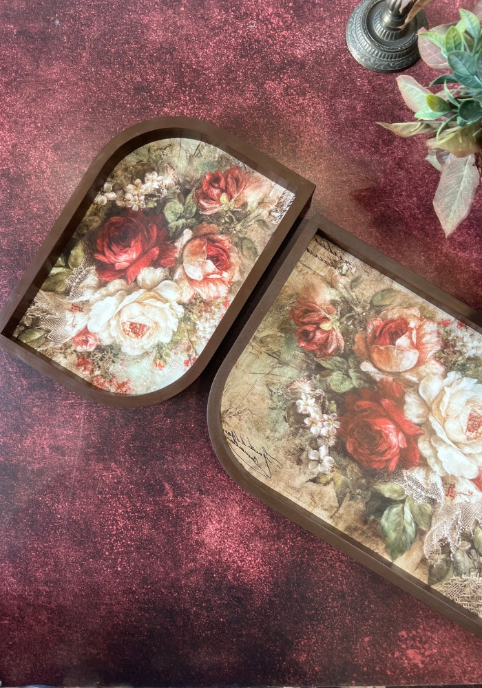 Asymmetrical Leaf inspired Wooden Tray - Set of two - Mystical Blooms