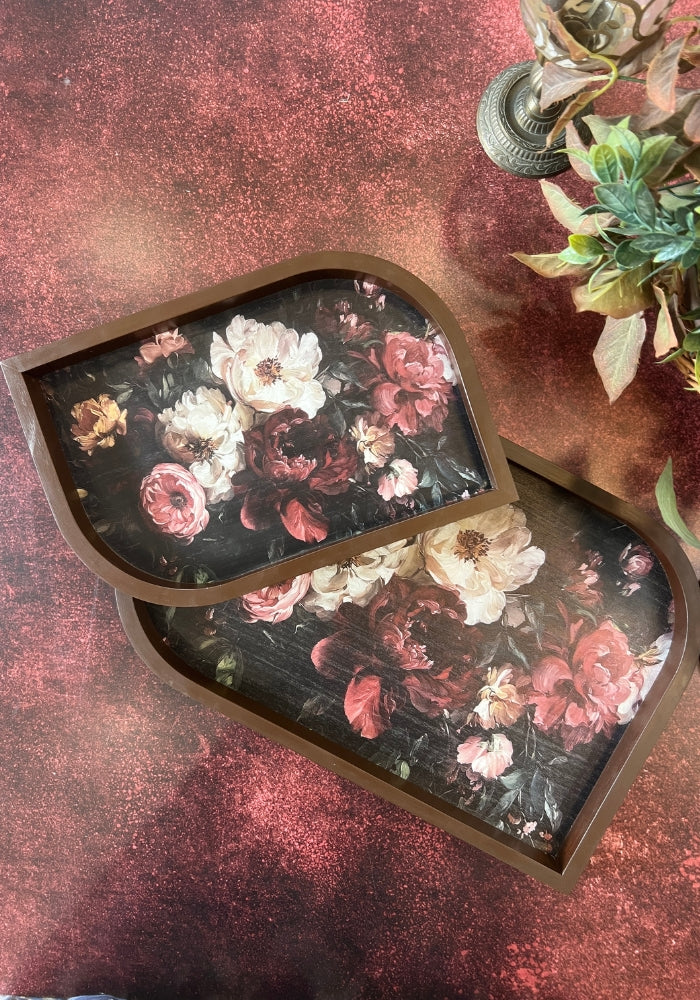 Asymmetrical Leaf inspired Wooden Tray - Set of two - Wild Florals