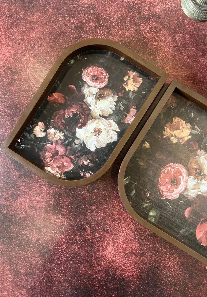 Asymmetrical Leaf inspired Wooden Tray - Set of two - Wild Florals