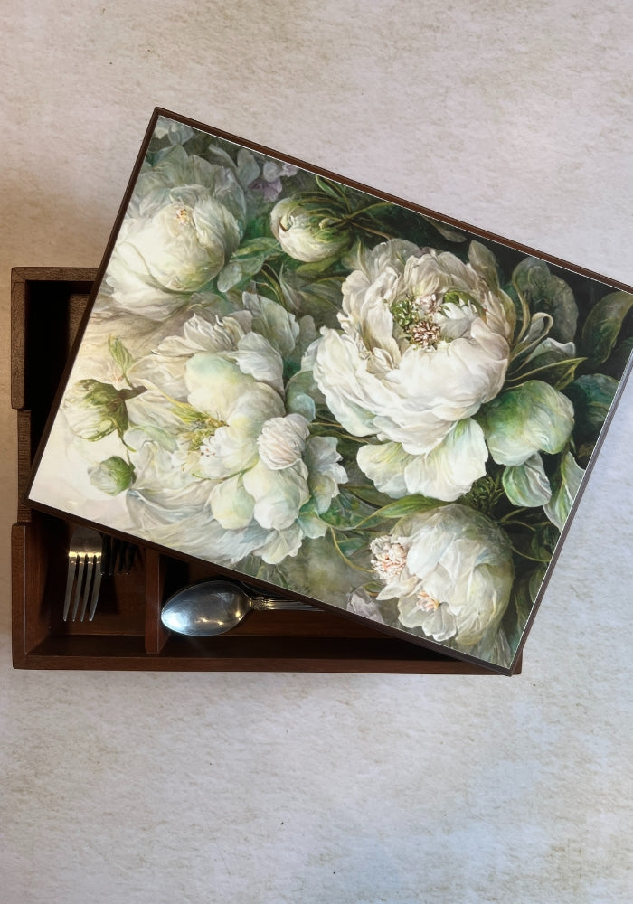 Engraved Cutlery Box - Dancing Peonies