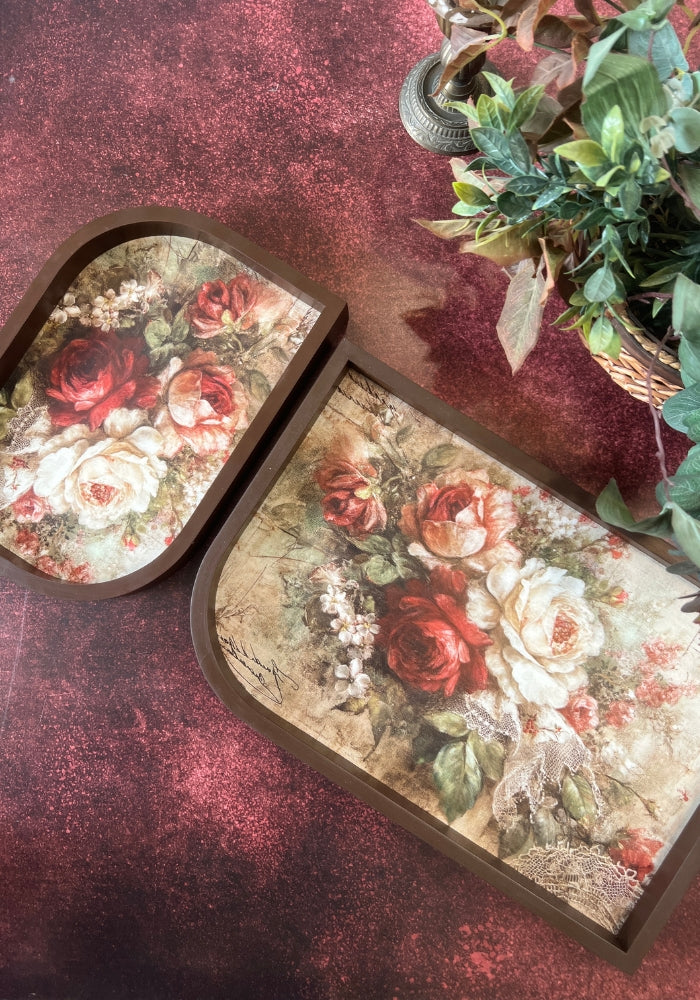 Asymmetrical Leaf inspired Wooden Tray - Set of two - Mystical Blooms