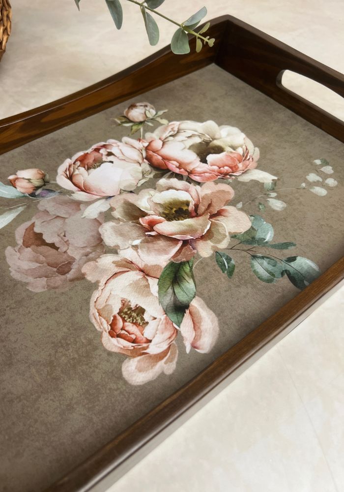 Wooden Rectangle Tray - Pretty Peonies