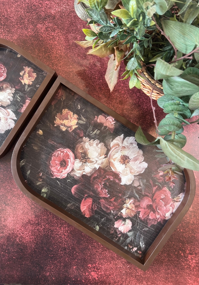 Asymmetrical Leaf inspired Wooden Tray - Set of two - Wild Florals